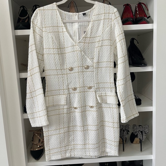 New  White Gold Tweed Dress Long Sleeve Ornamental Buttons Back Zip S - Picture 12 of 14